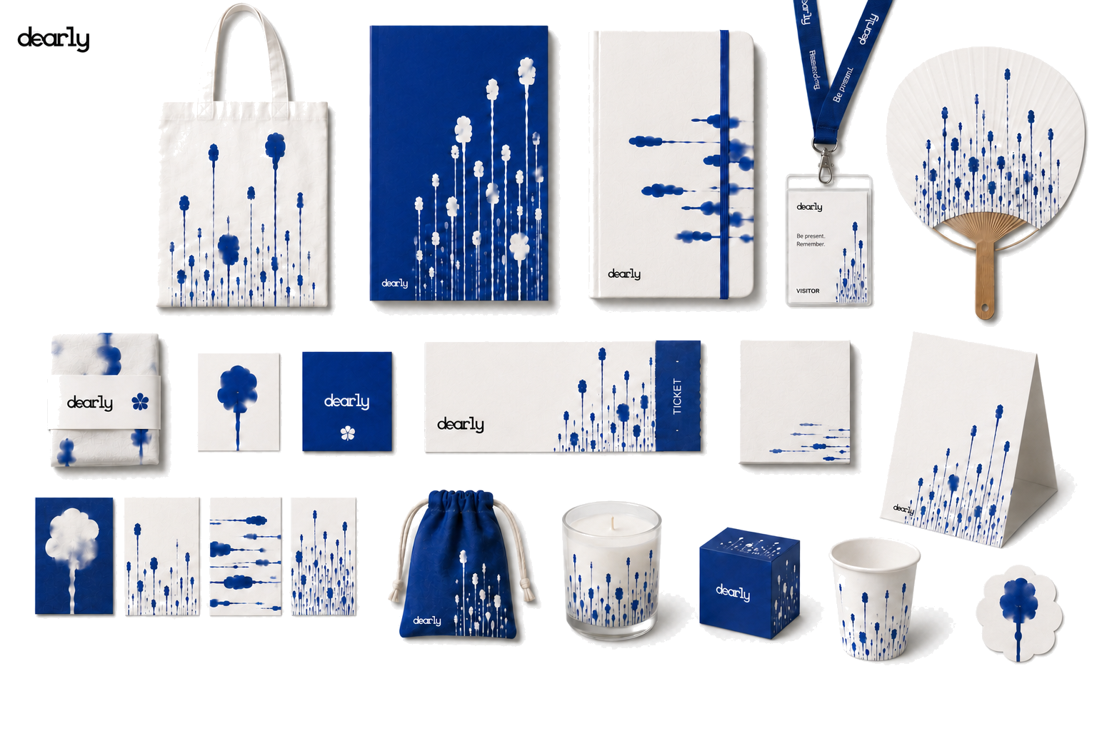 Dearly identity objects, stationery, tote, candle, fan, tickets, and keepsakes isolated on white
