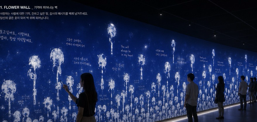 Visitors writing remembrance messages on the interactive blue flower wall