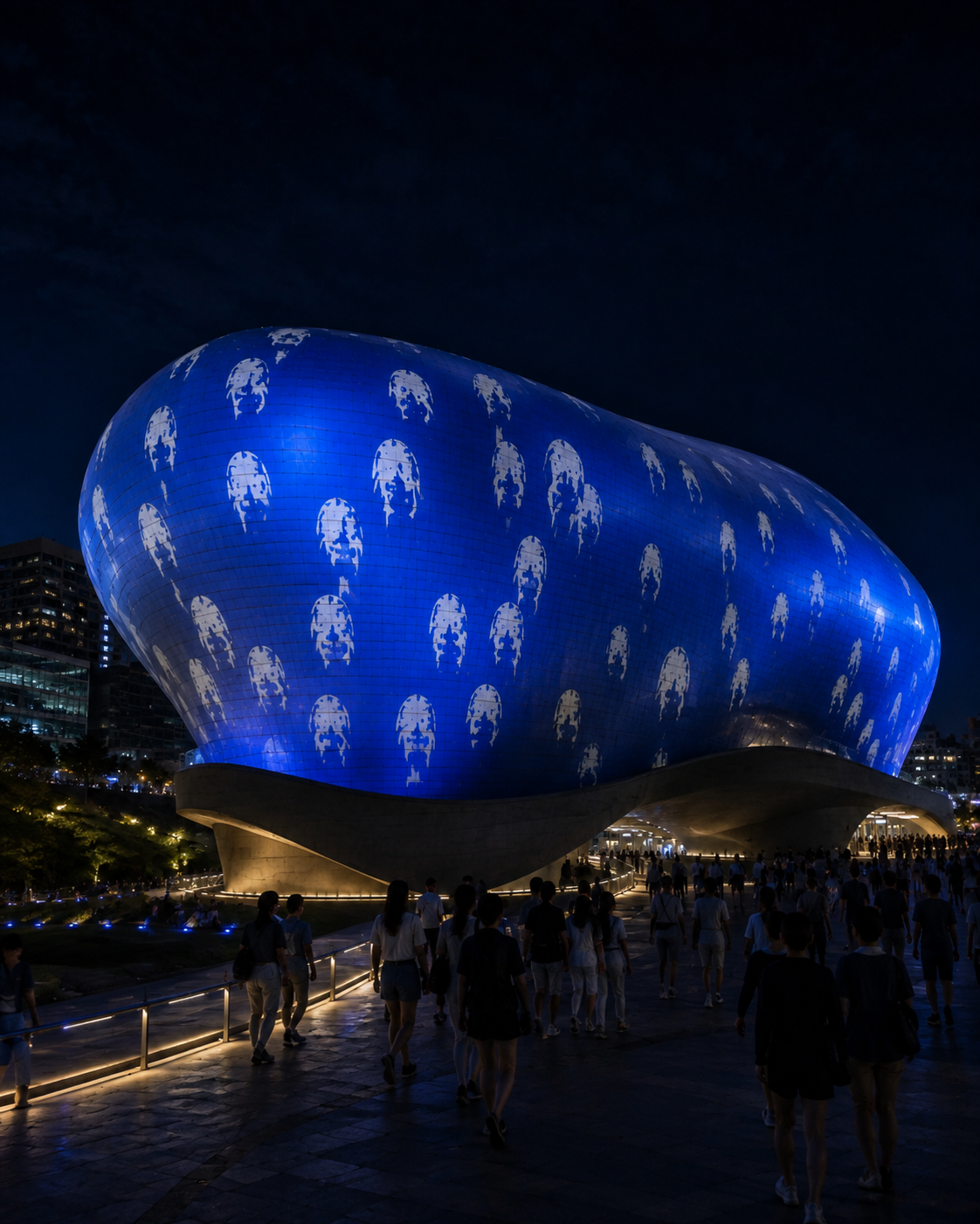 Visitors approaching the Dearly projection on DDP Seoul at night