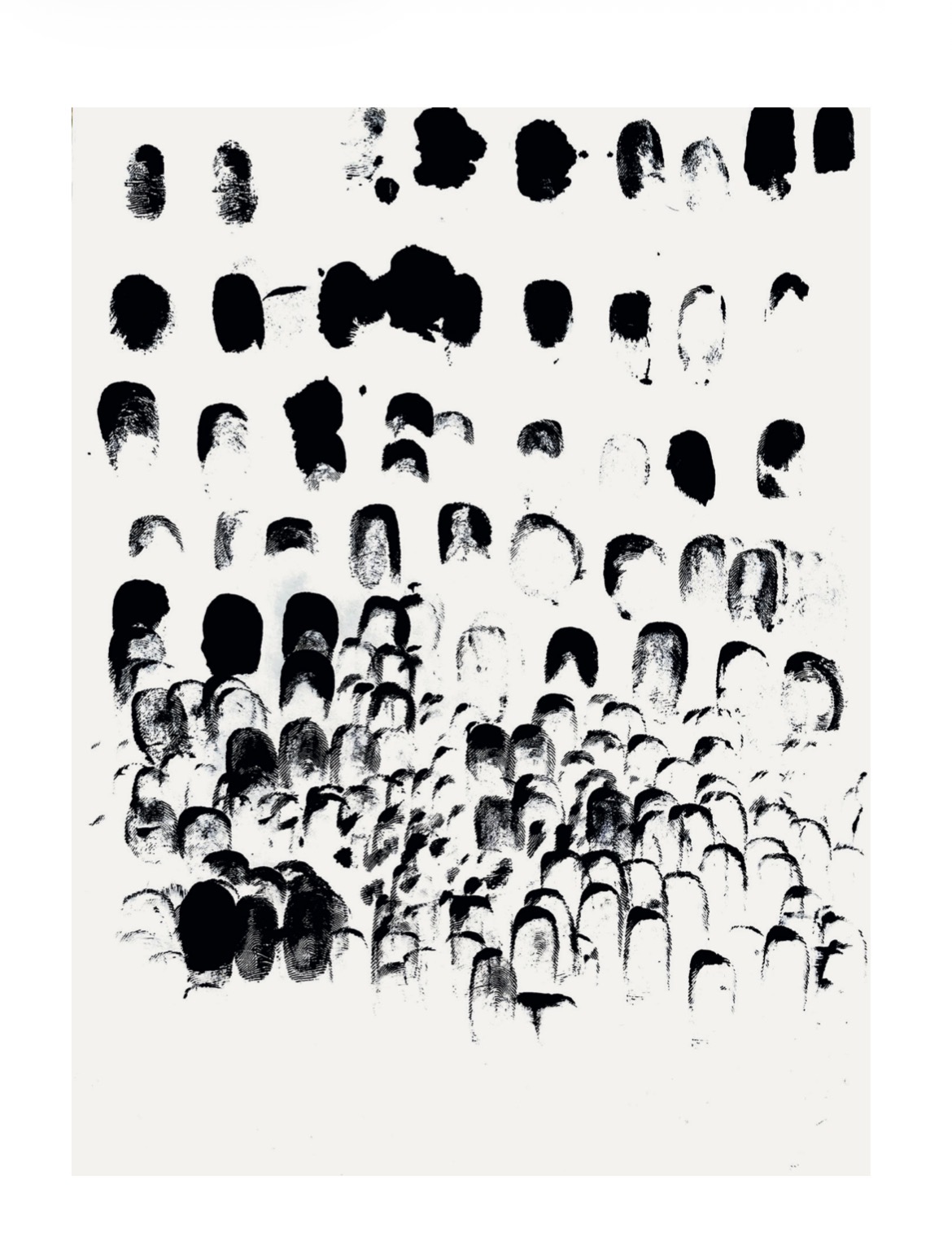 Black ink imprint experiments arranged in a growing field on white paper