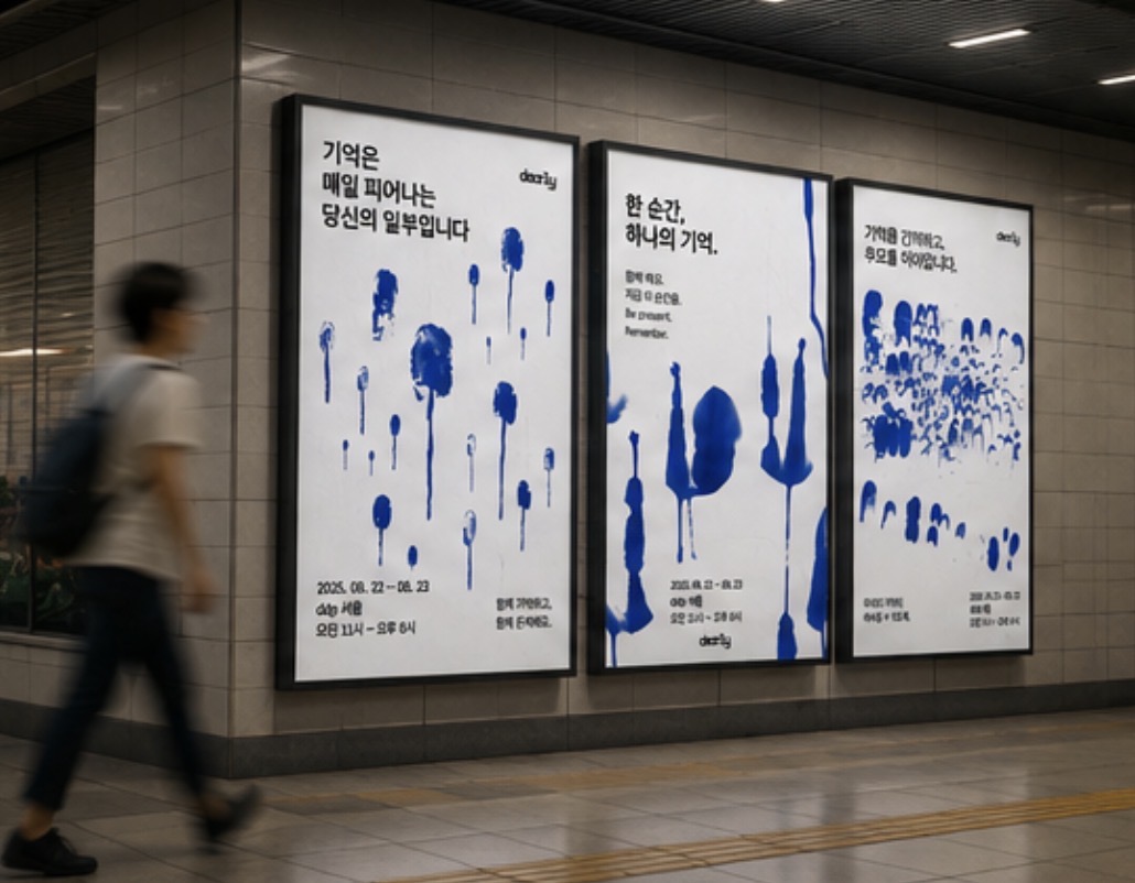 Three Dearly posters displayed as individual illuminated panels in a station