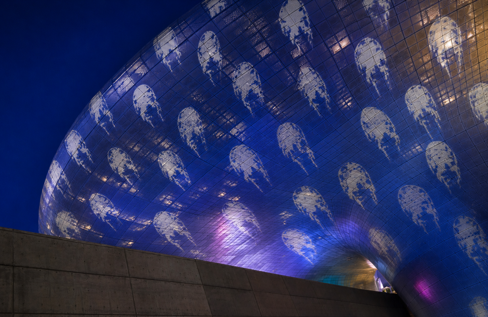 Close view of the Dearly flower imprints across the DDP Seoul facade at night