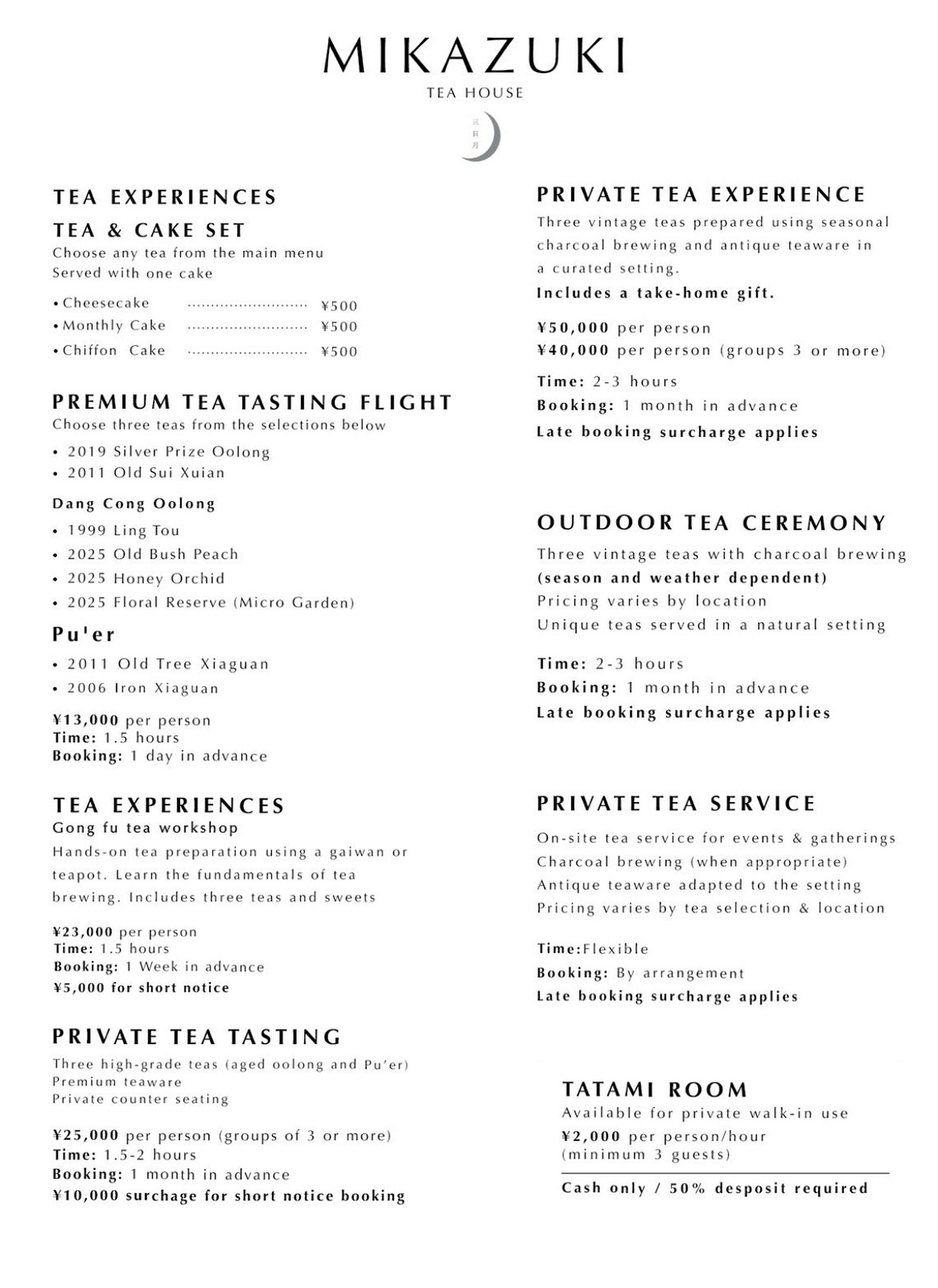 Complete Mikazuki Tea House menu