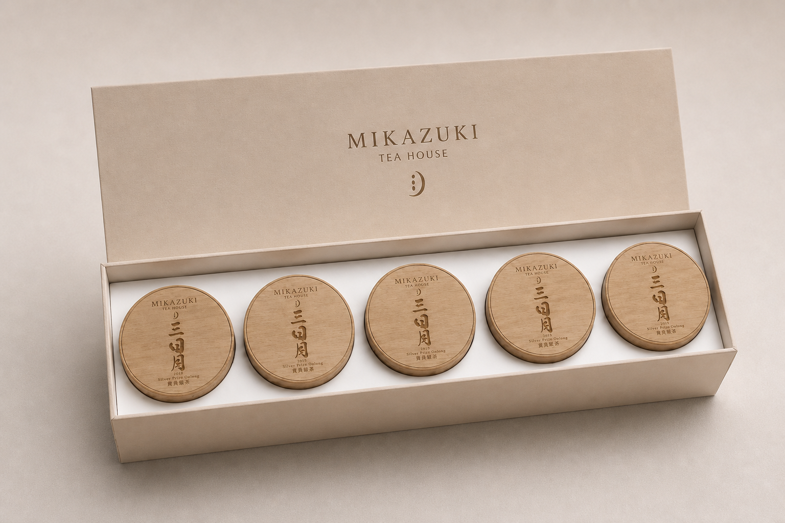 Mikazuki Tea House wooden tea packaging presented as a complete set