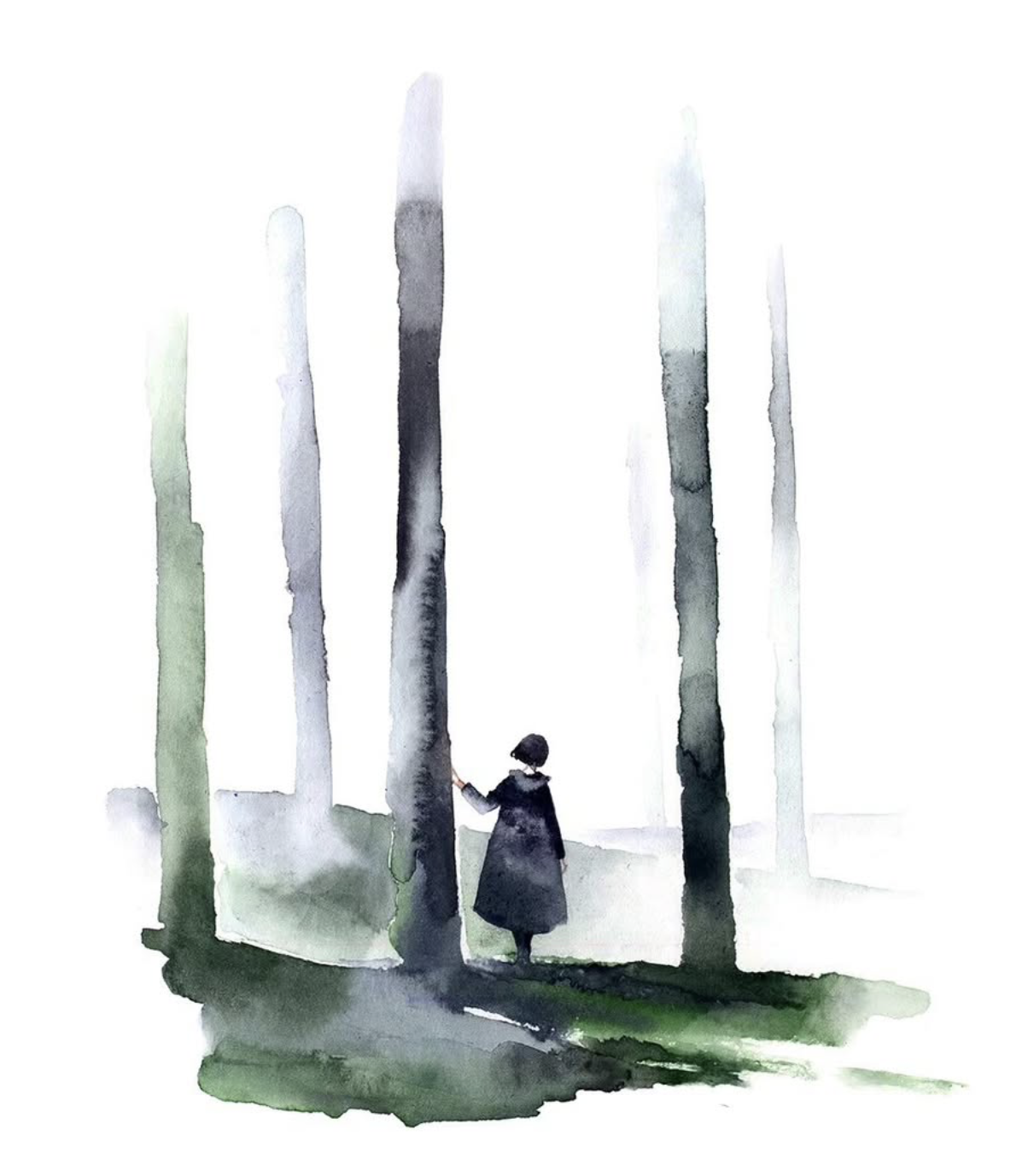 Watercolor figure standing among tall green and charcoal trees