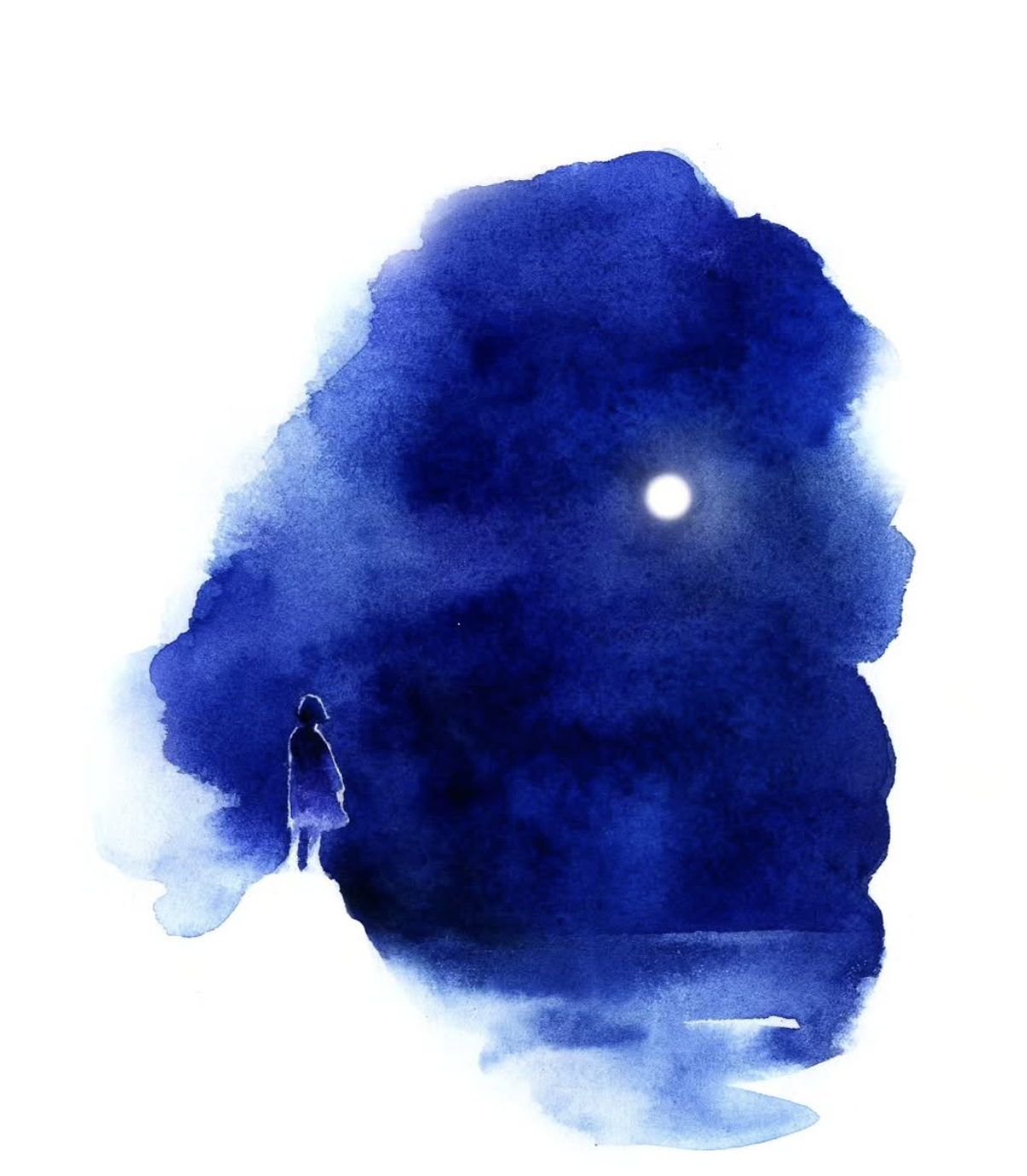 Deep blue watercolor night with a solitary figure and moon