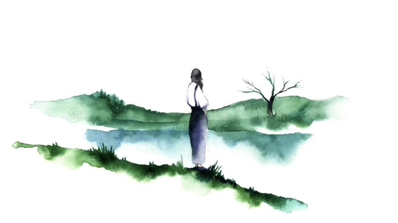 Watercolor figure beside a green lake and solitary tree
