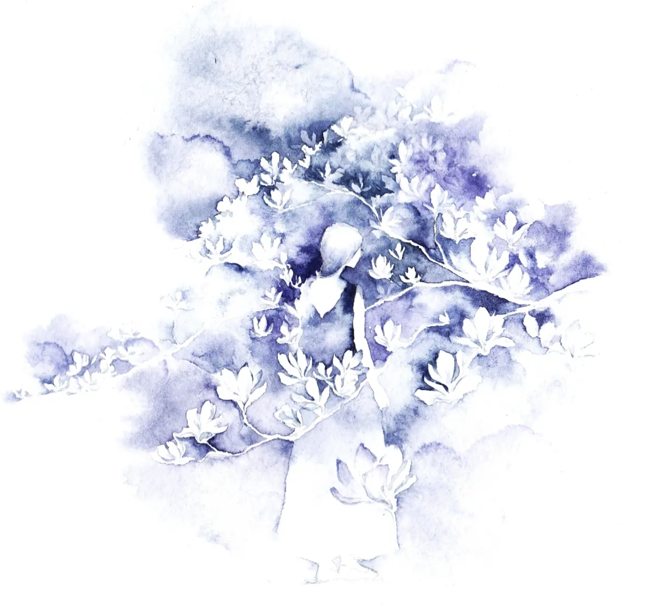 Pale violet watercolor figure surrounded by flowering branches
