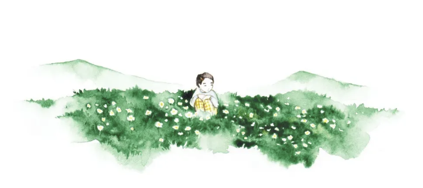 Watercolor child sitting in a green field of white flowers