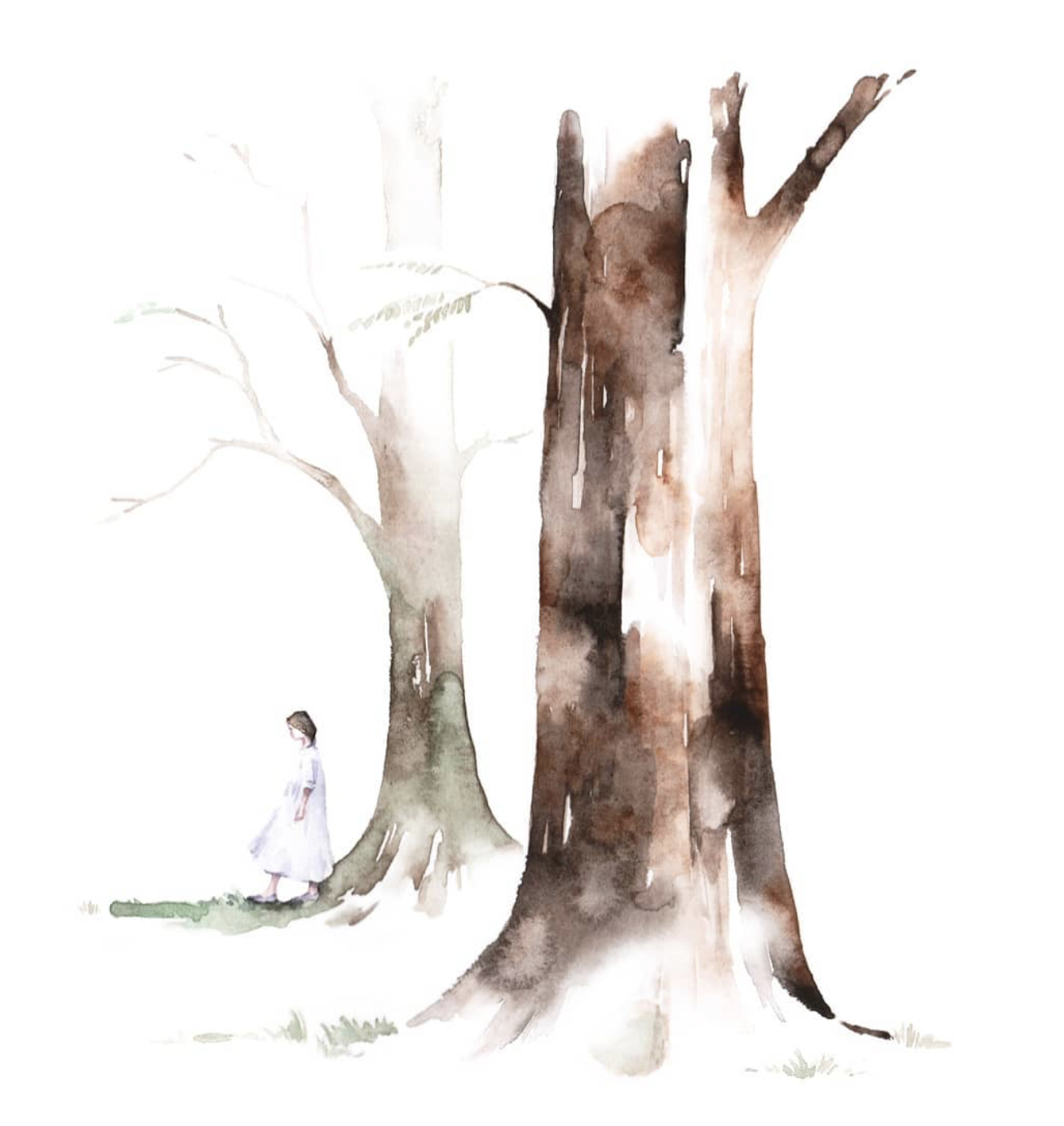 Watercolor figure standing beneath monumental brown trees