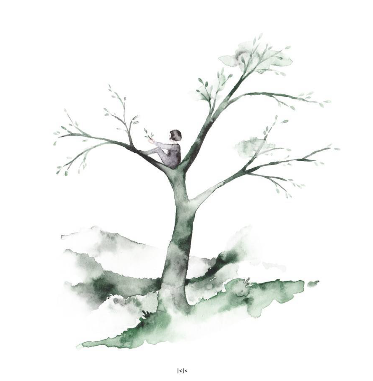 Closing watercolor illustration of a figure sitting in a green tree