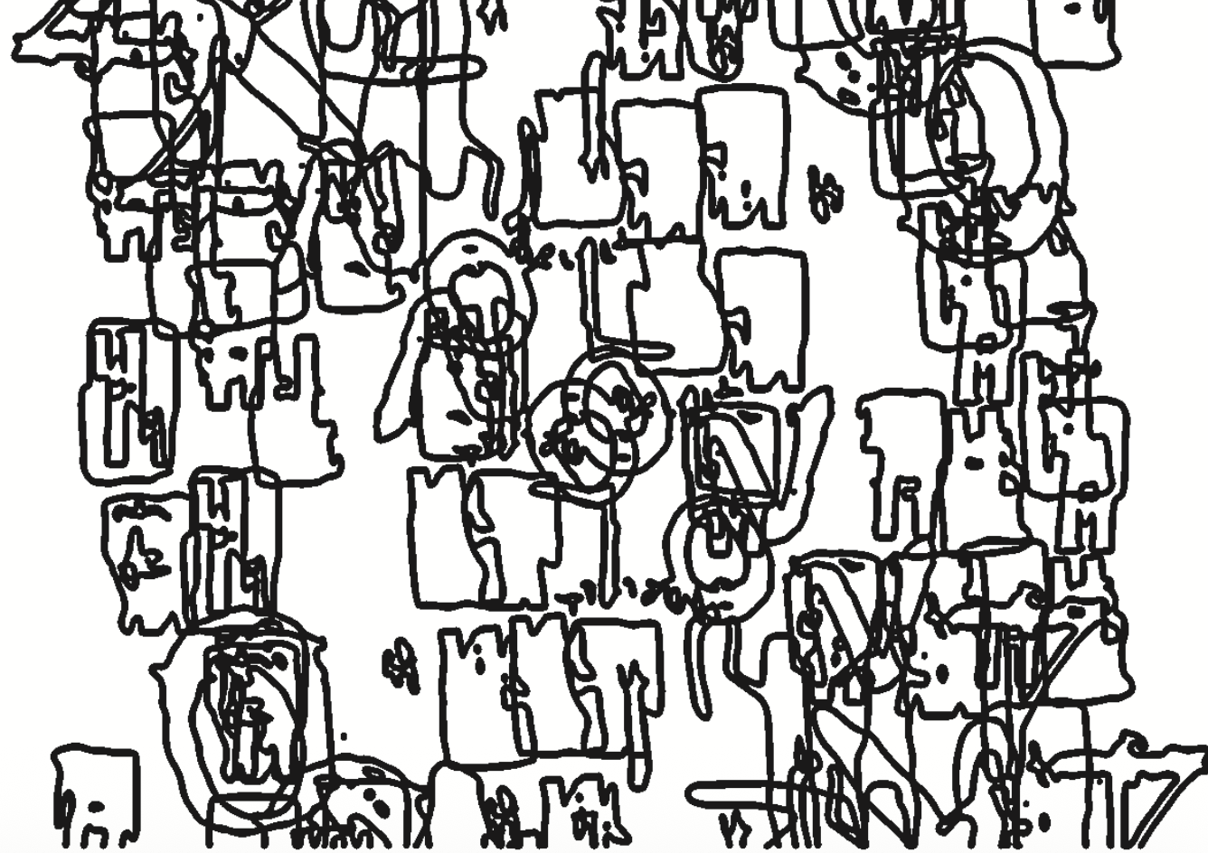 Dense field of hand-drawn body-like typographic forms
