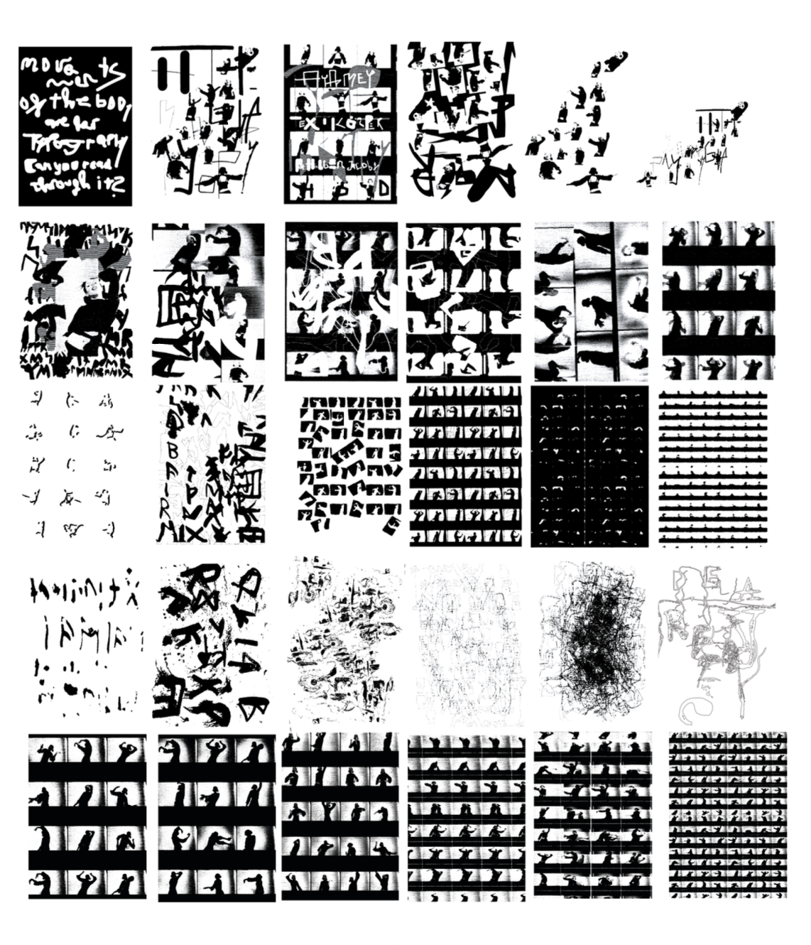 Overview of black and white Human Typography poster and movement studies