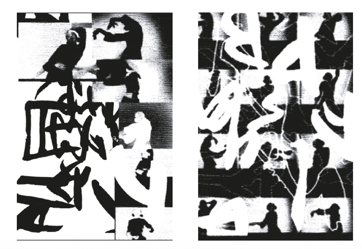 Two black and white poster compositions combining bodies and handwritten forms