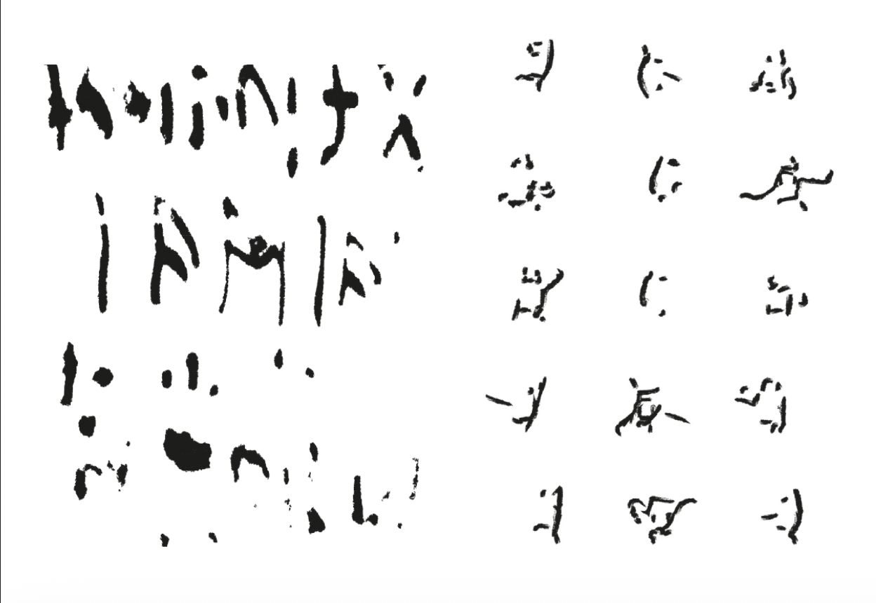 Small gestural marks arranged as a body-based typographic vocabulary