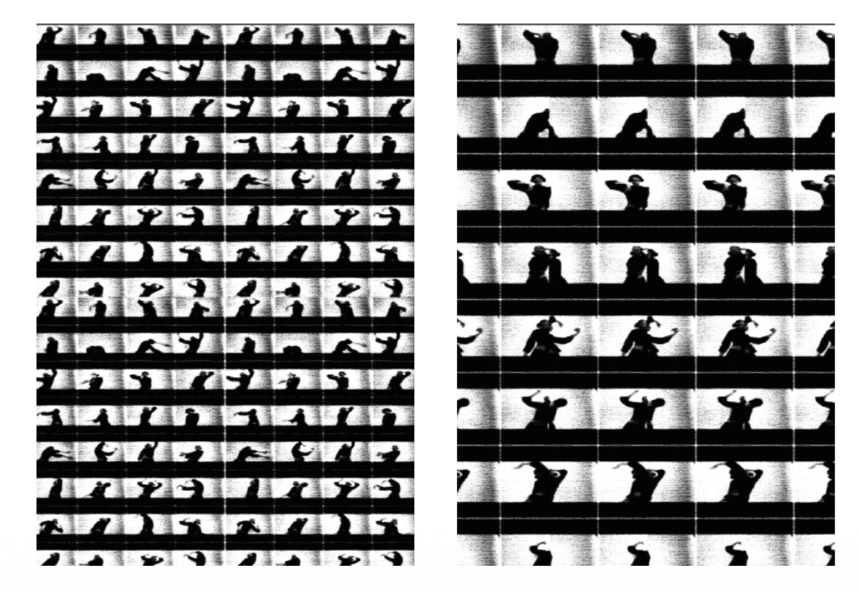 Two repeated movement sequences presented as horizontal typographic lines