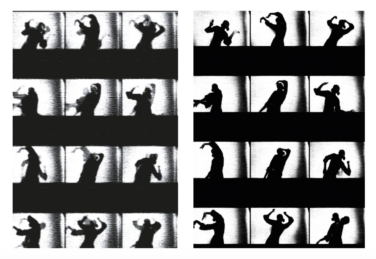 Two enlarged grids of silhouetted body movements