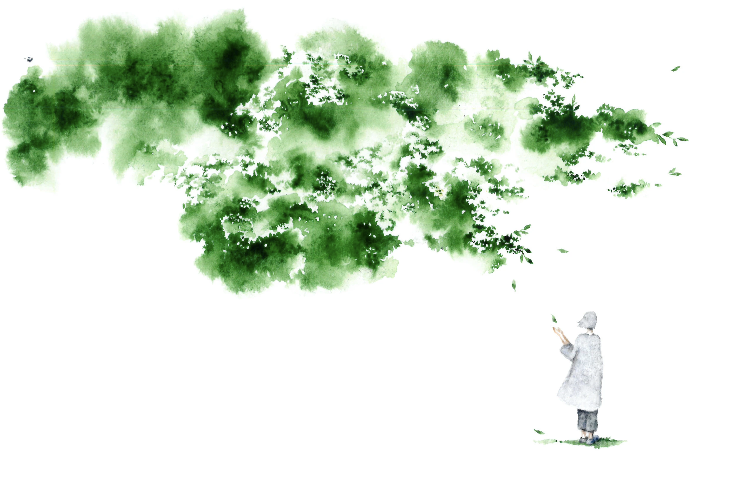Green watercolor landscape with a solitary figure beneath a canopy of leaves