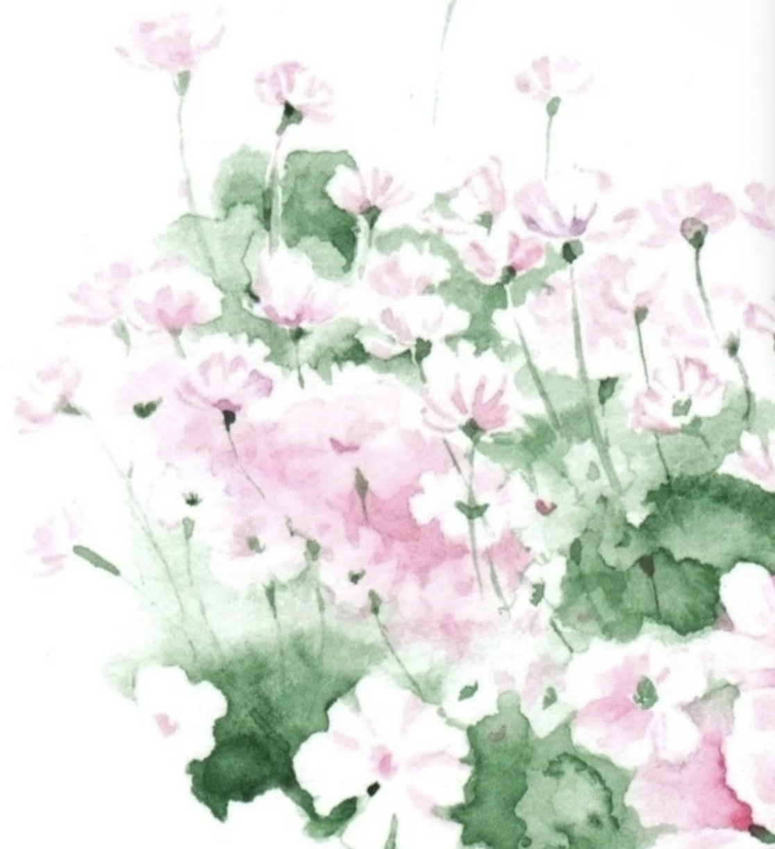 Original watercolor detail of pale pink flowers and green leaves