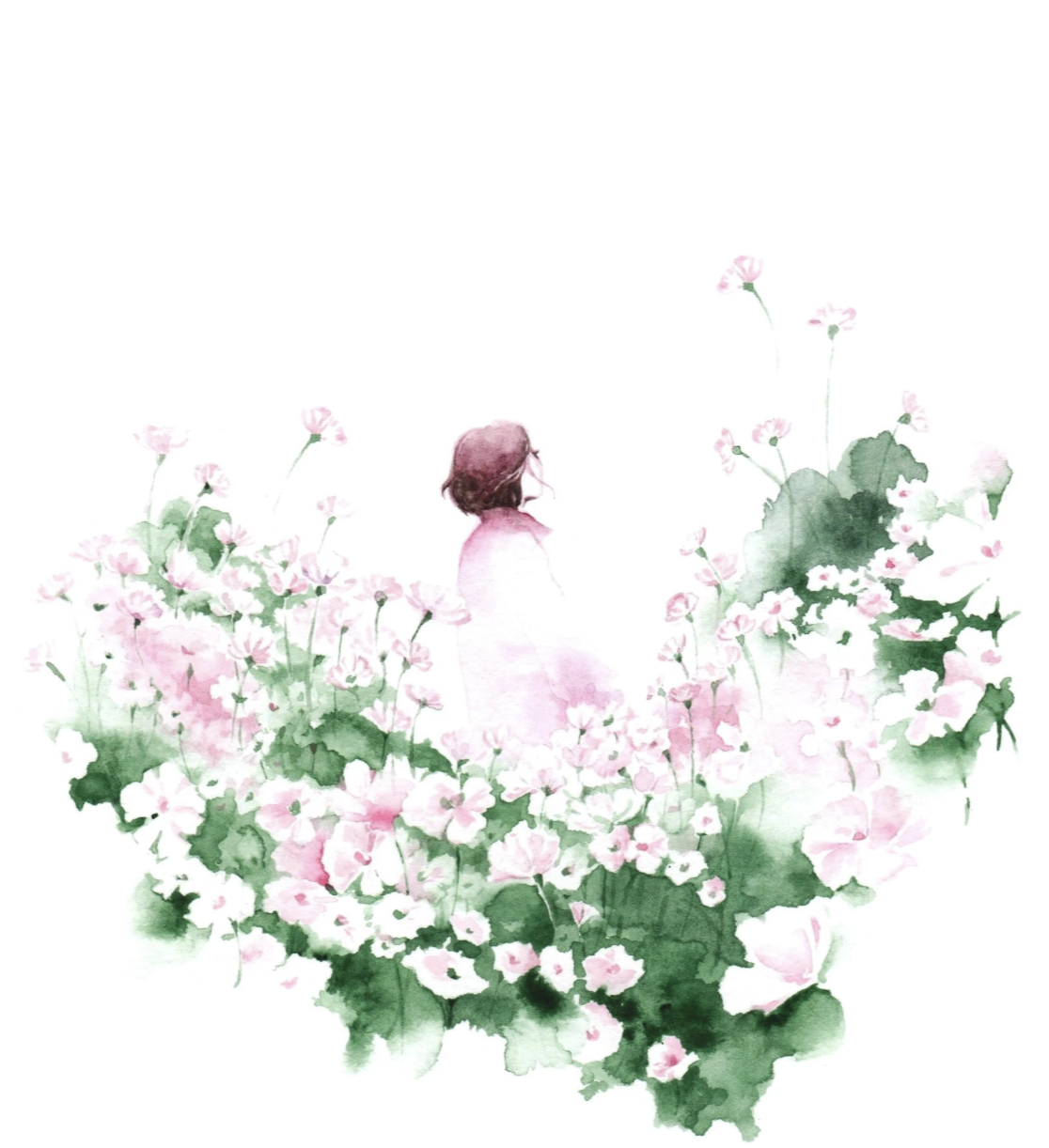 Original watercolor of a figure surrounded by green leaves and pale pink flowers