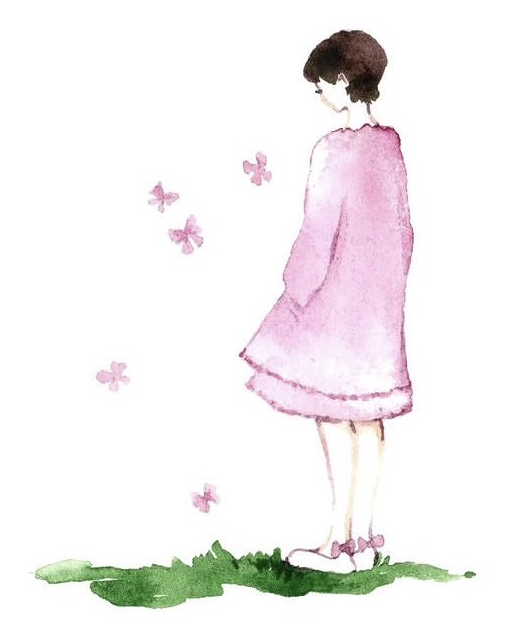 Watercolor illustration for the poem Flowers Will Bloom, showing a girl in a pink dress among butterflies