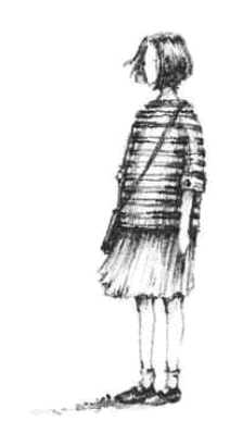 Pencil illustration for the poem Leaves, showing a child standing in profile