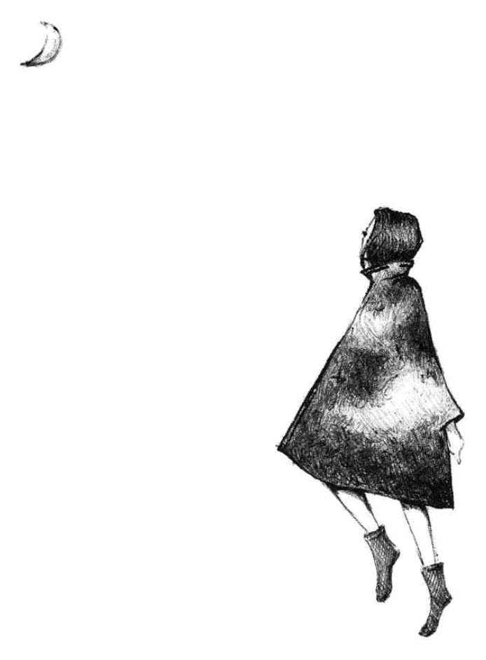 Pencil illustration for the poem Moon, showing a figure floating beneath a crescent moon