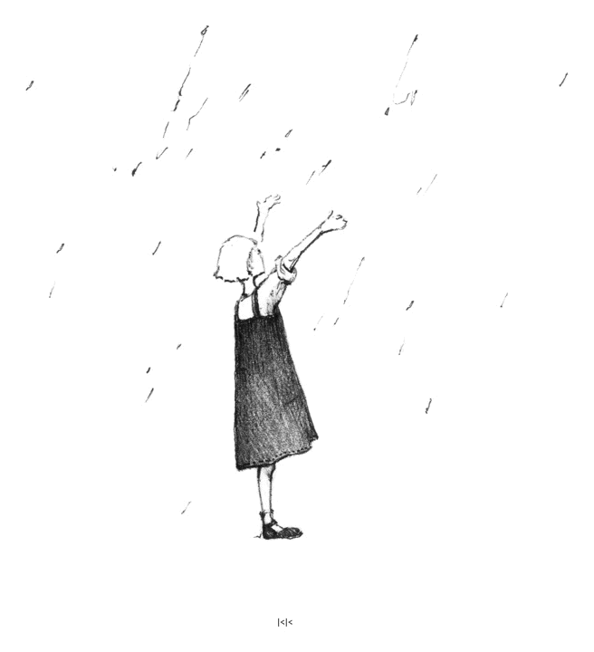 Pencil illustration for the poem Spark, showing a figure reaching upward through falling marks