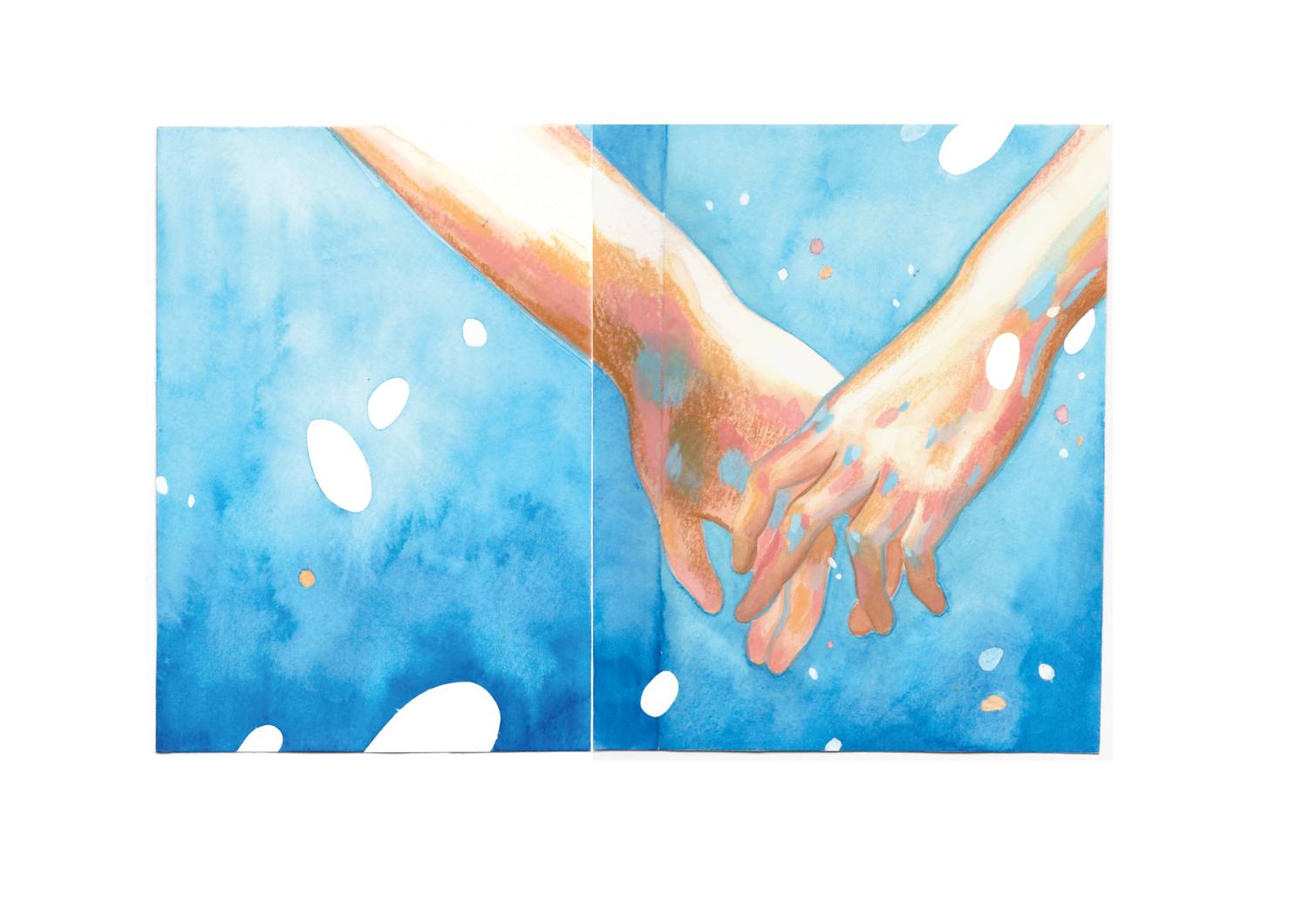 Open illustrated book spread with a painted hand in a turquoise field