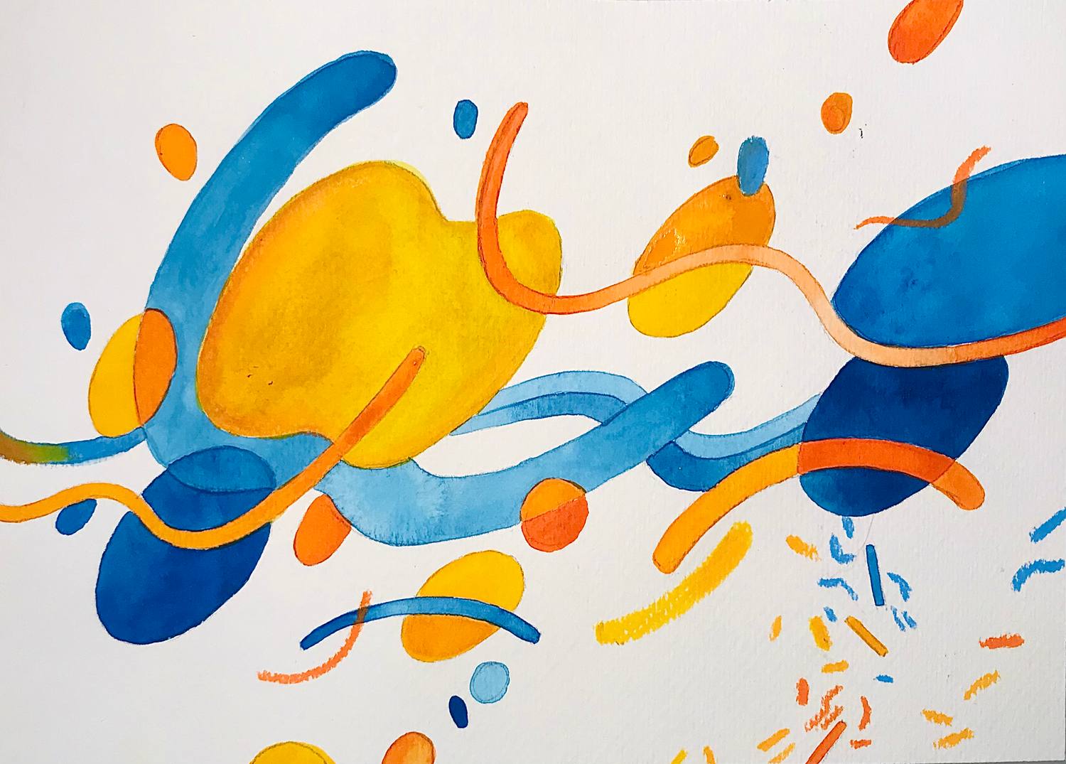 Flowing blue, orange and yellow watercolor forms moving across white paper