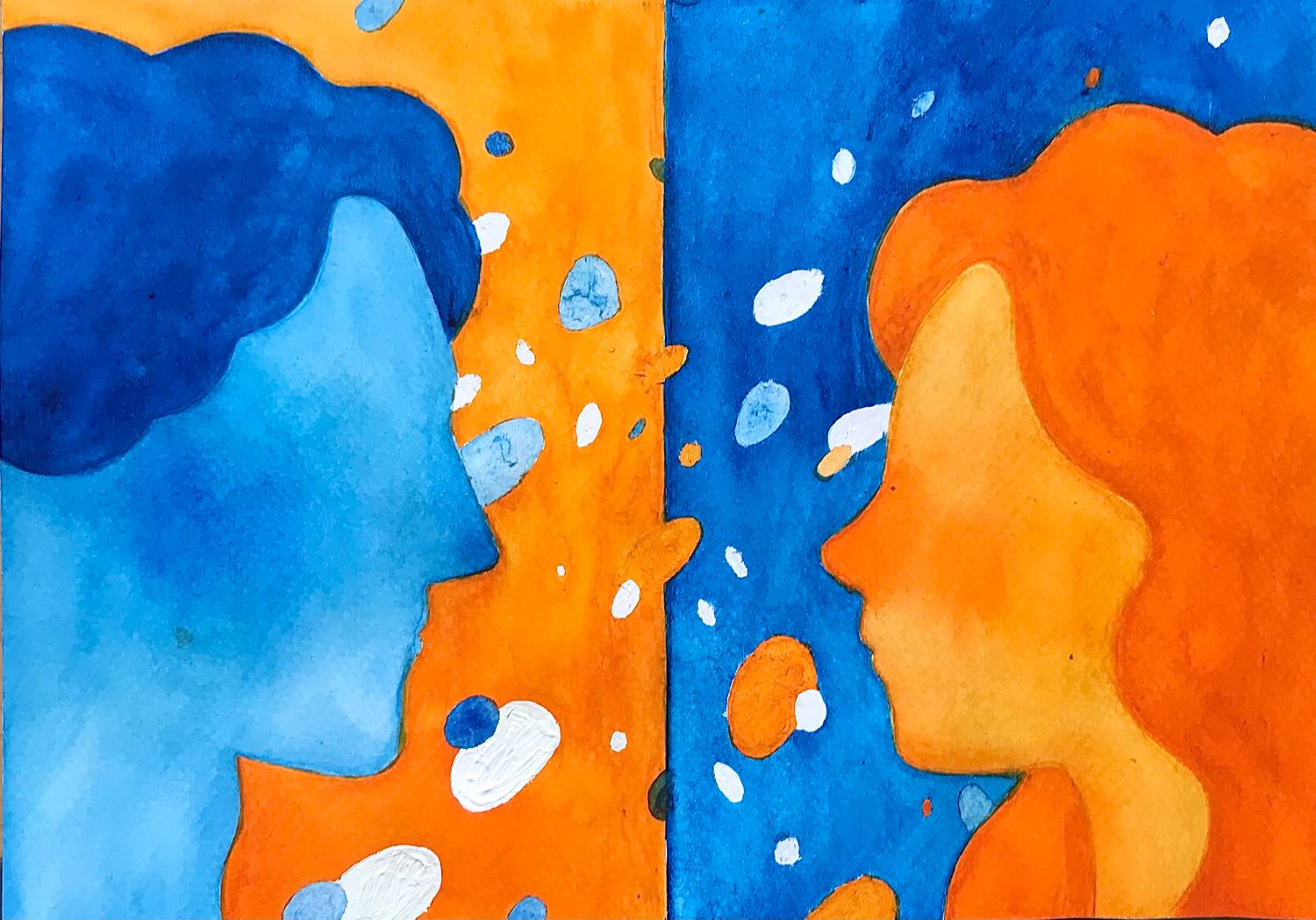 Blue and orange watercolor silhouettes facing one another across floating fragments