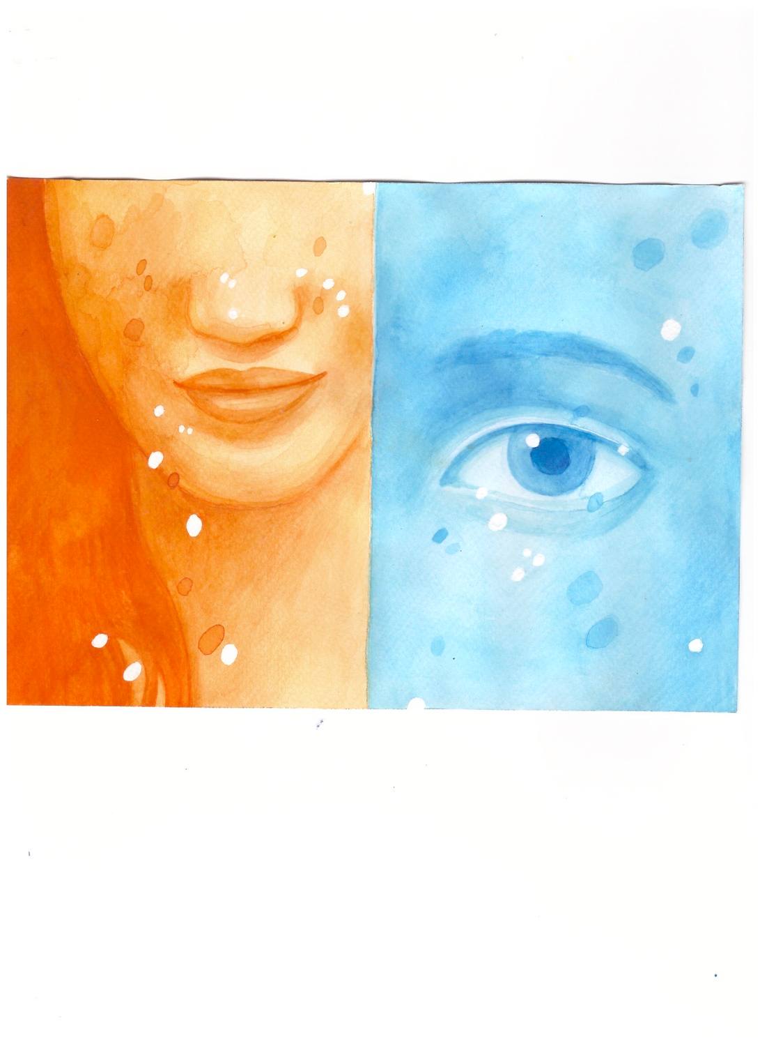 Orange face and blue eye watercolor study divided across a page