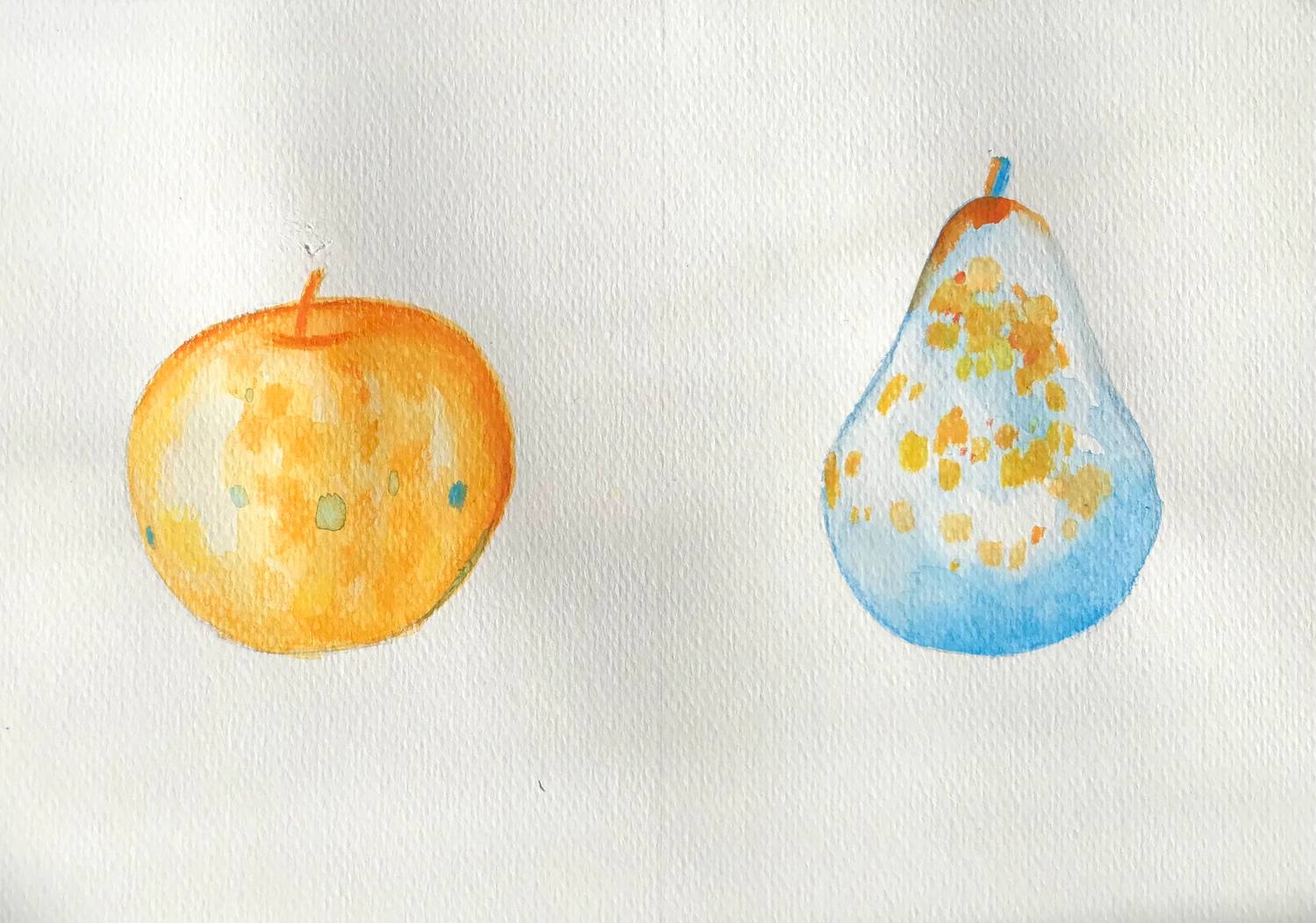 Orange and pale blue watercolor fruit floating in a large white field