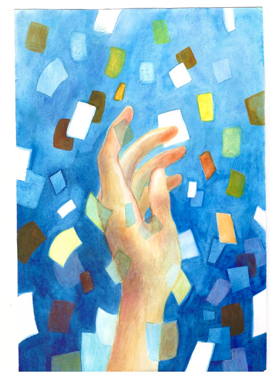 Painted hand reaching through floating colored paper fragments