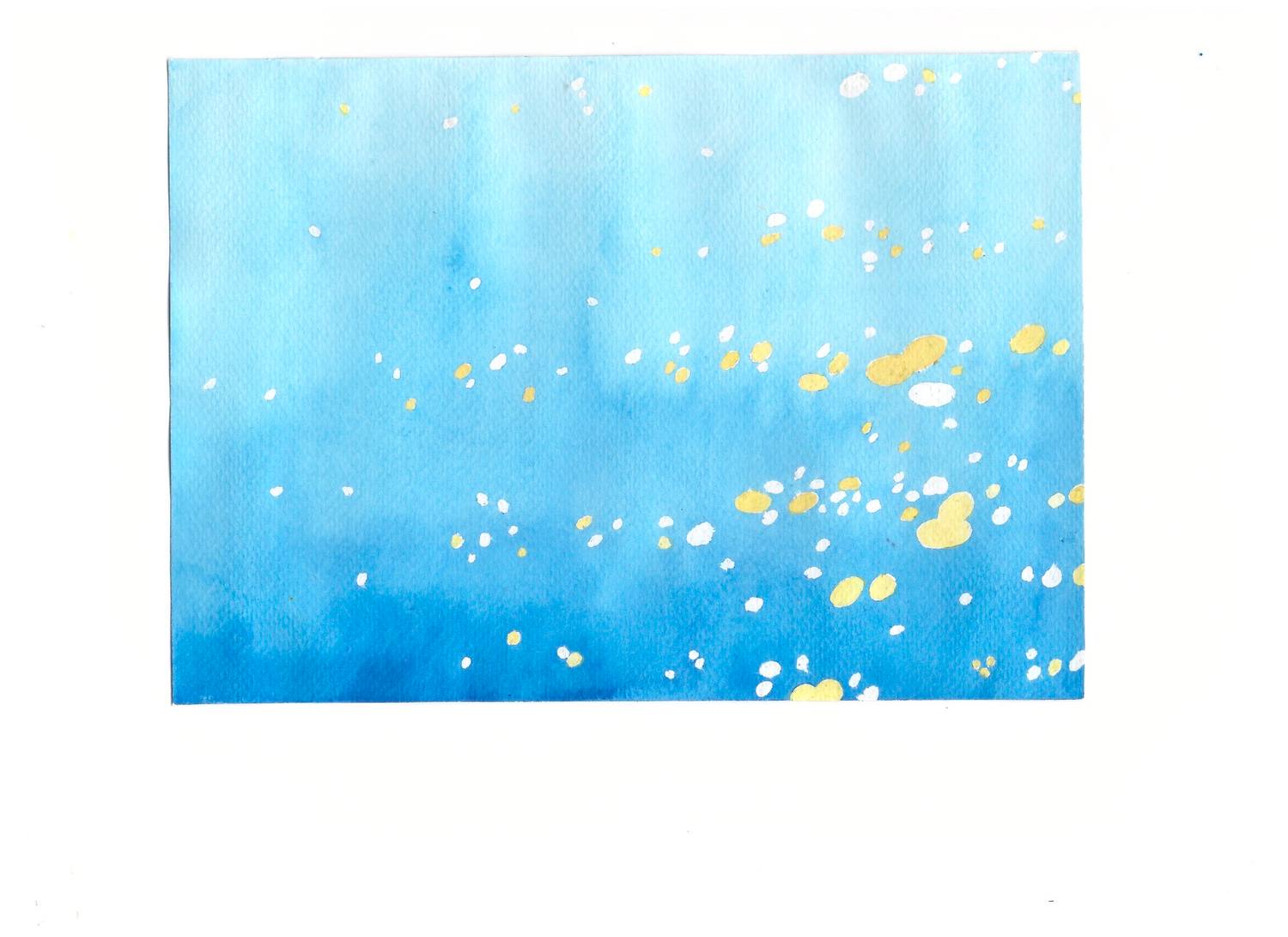 Blue watercolor field scattered with white and yellow painted fragments