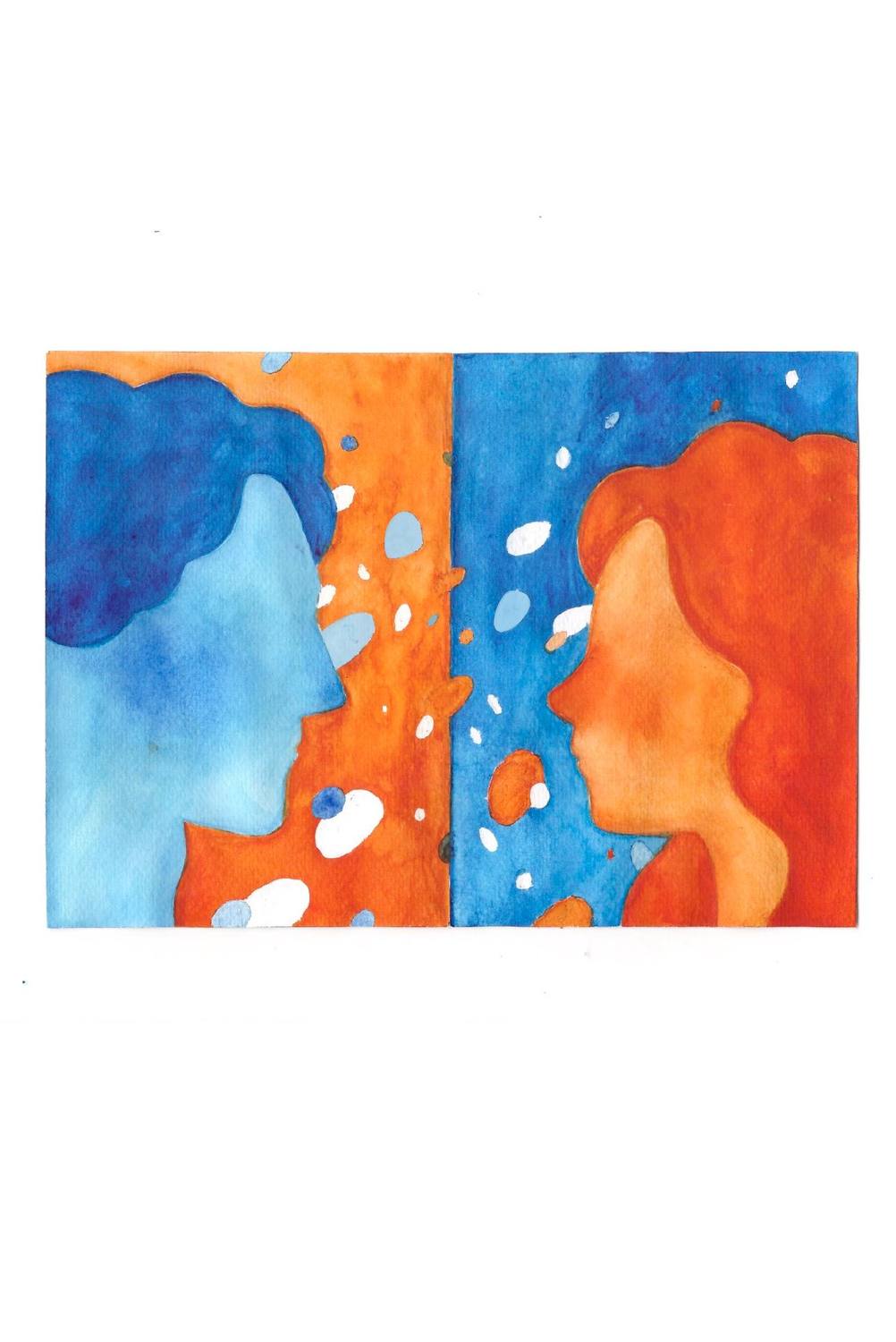 Original white page with an orange and blue illustration of two profiles