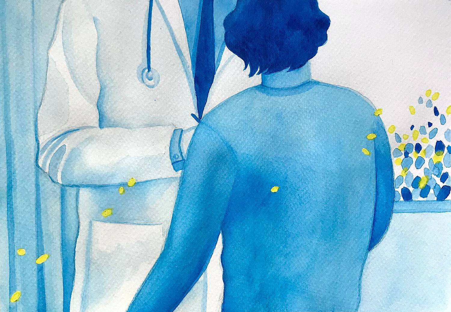 Blue watercolor figure seen from behind in a pale interior