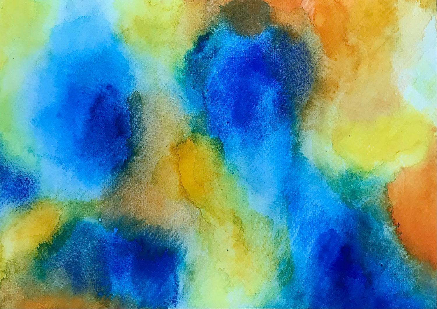 Abstract watercolor field in deep blue, yellow, green and orange