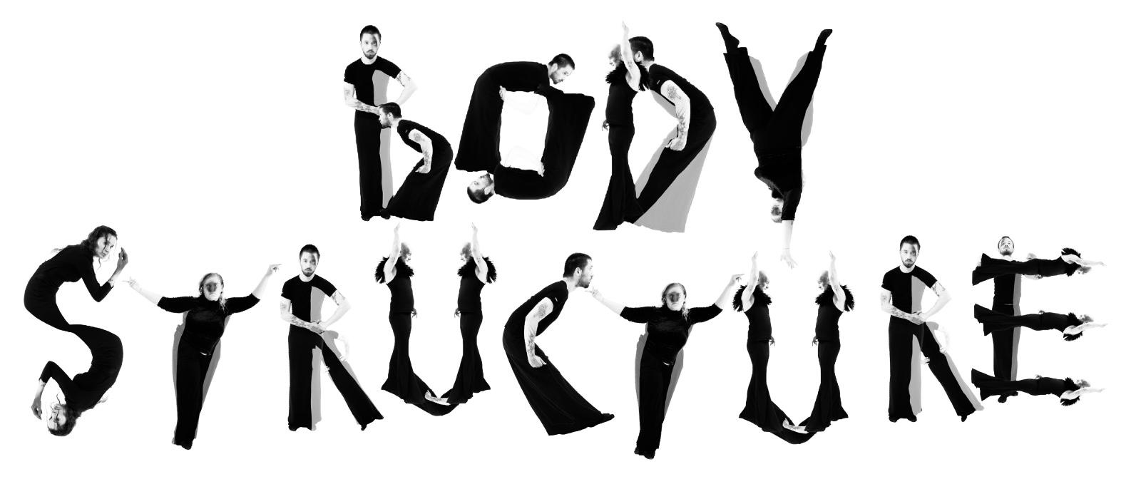 Multiple performers repeated and mirrored in a black-and-white movement composition