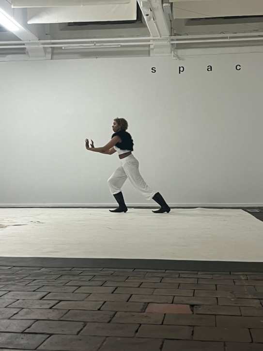 Solo performer crossing the Weltkunstzimmer space
