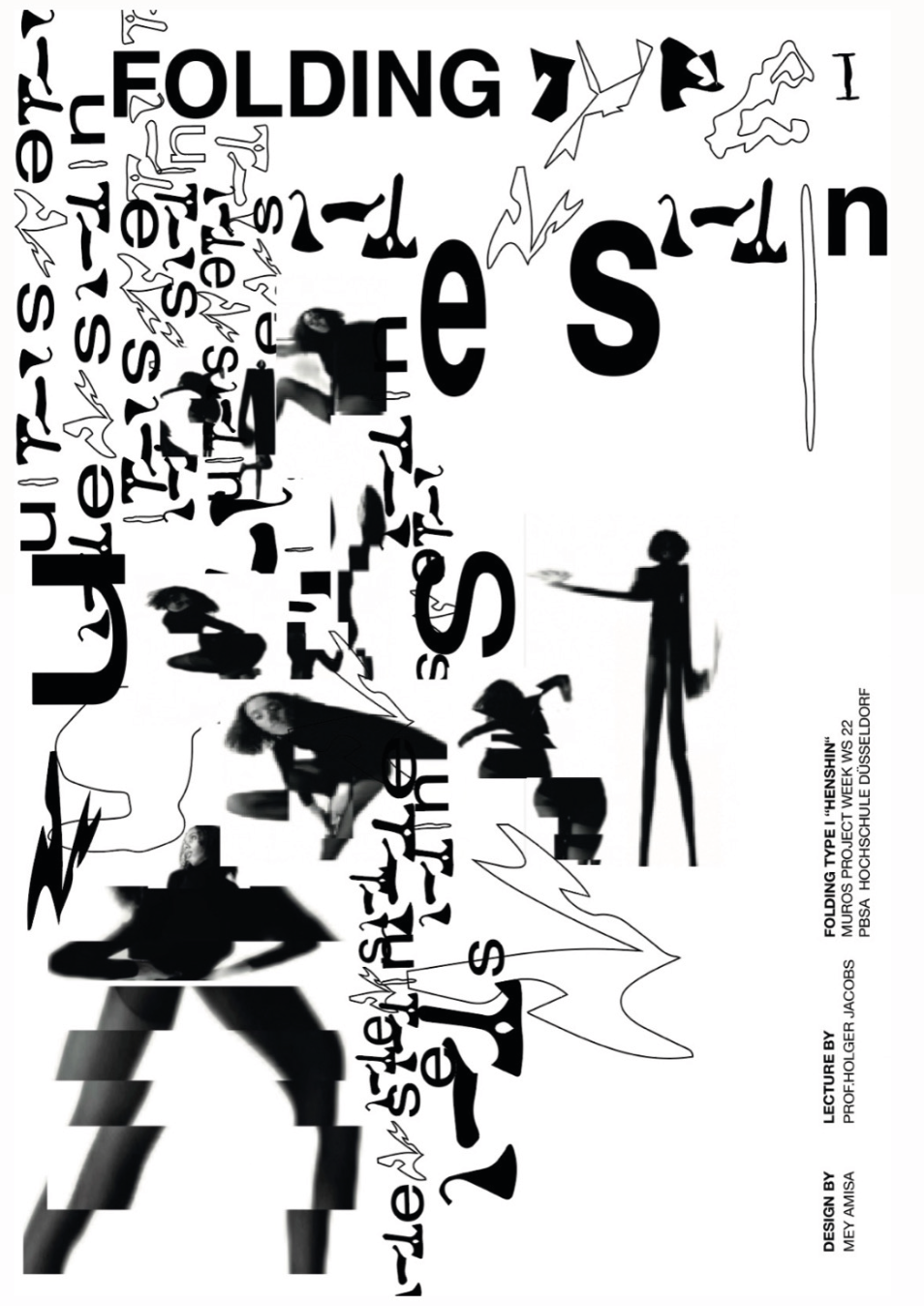 Folding Type Henshin lecture poster with experimental black typography and moving figures