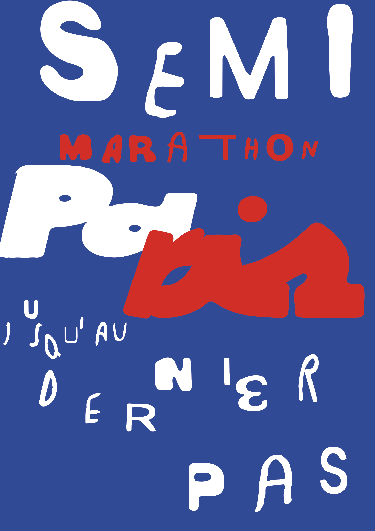 Blue, red, and white Semi Marathon Paris poster with hand-drawn experimental lettering