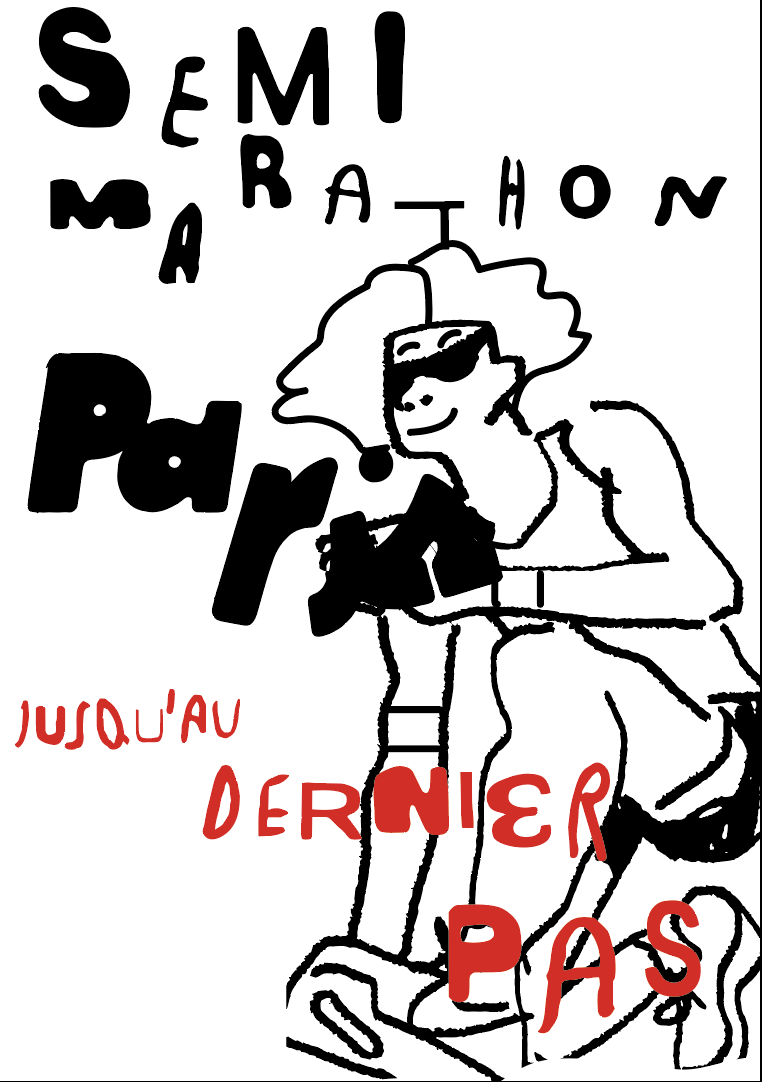 Black, white, and red Semi Marathon Paris poster with a hand-drawn runner and experimental lettering
