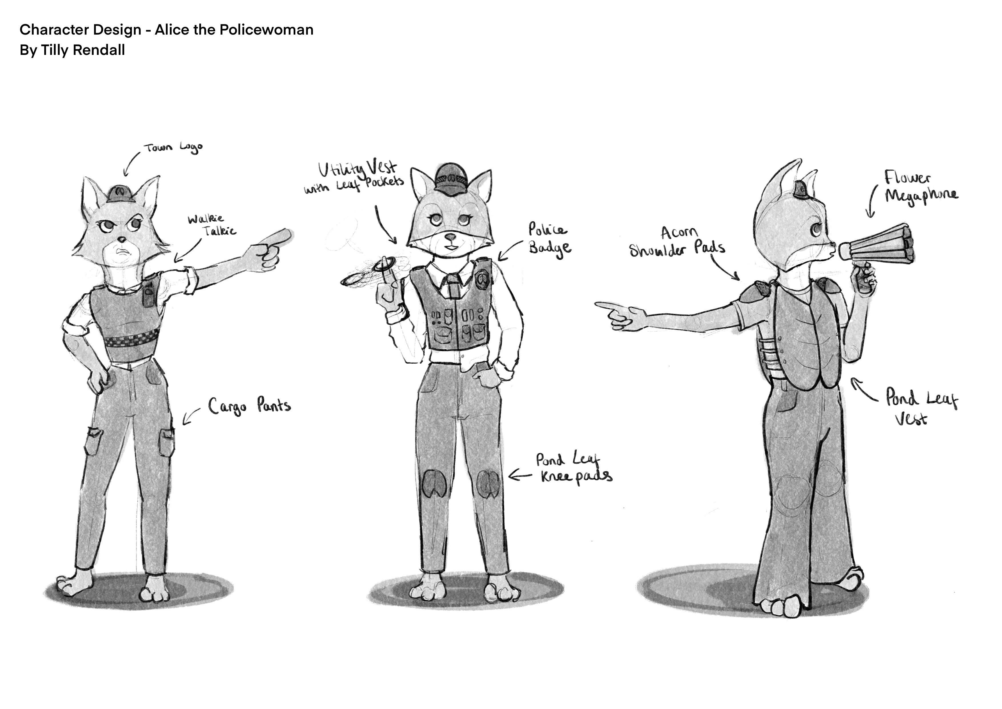 Alice police character sketches by Tilly Rendall