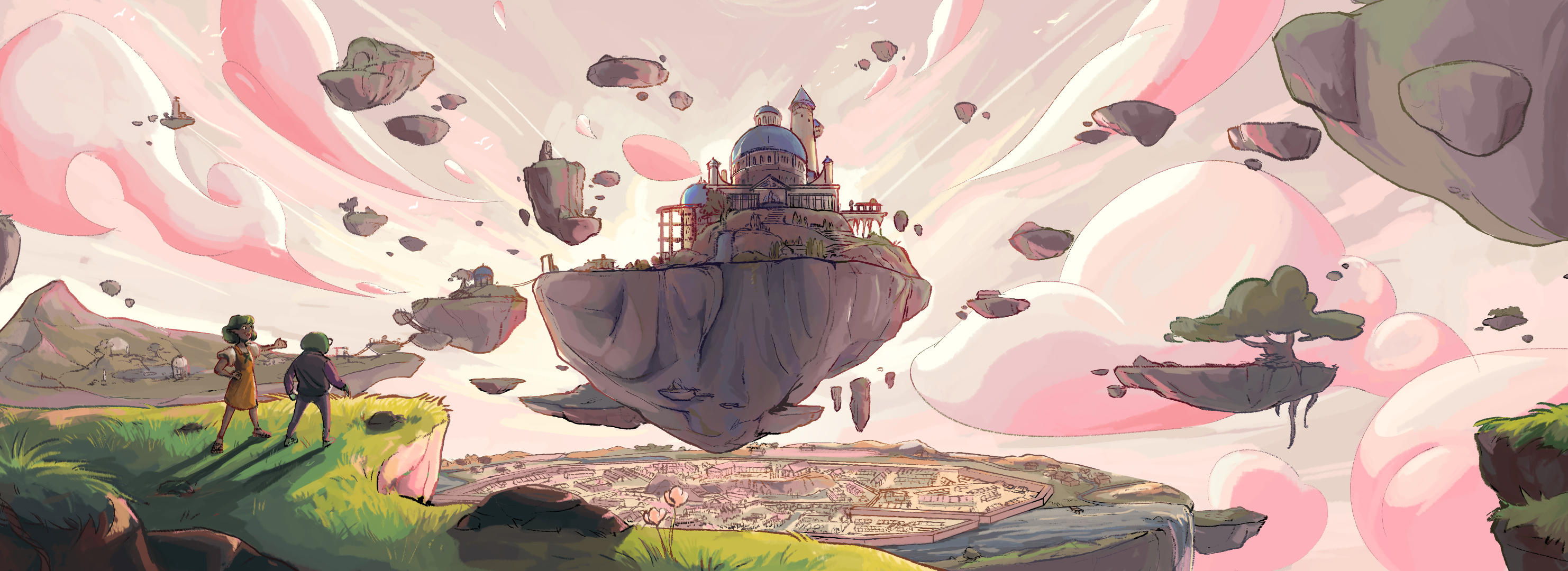 Maverick Frogery animated film concept art with floating islands